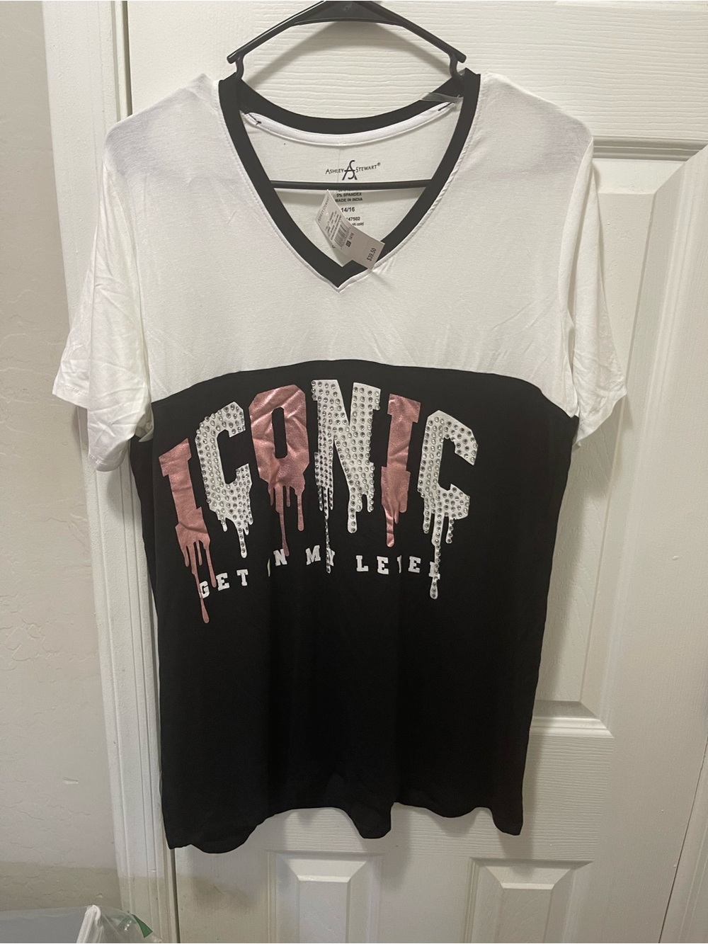 Ashley Stewart White V-Neck Tee with Black Trim